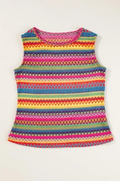 New Dear-Lover Ethnic Wavy Pattern Round Neck Sleeveless Top Yellow