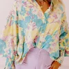 Discount Dear-Lover Floral Allover Print Shirred Cuff Oversized Shirt Yellow