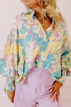 Discount Dear-Lover Floral Allover Print Shirred Cuff Oversized Shirt Yellow