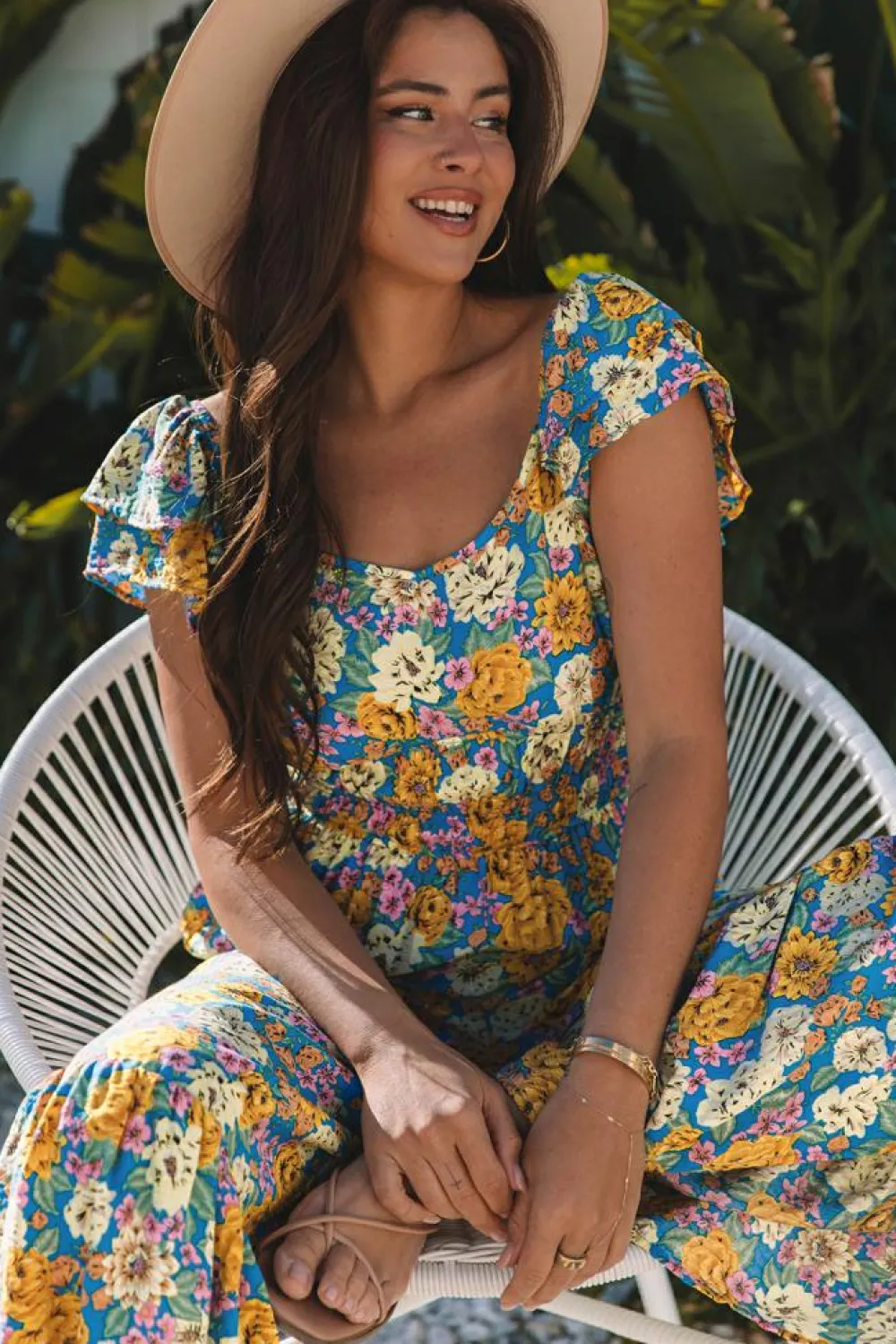 Sale Dear-Lover Floral Allover Print Shirred Cut Out High Waist Jumpsuit Yellow