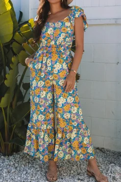 Sale Dear-Lover Floral Allover Print Shirred Cut Out High Waist Jumpsuit Yellow