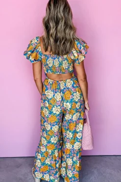Sale Dear-Lover Floral Allover Print Shirred Cut Out High Waist Jumpsuit Yellow