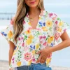 Hot Dear-Lover Floral Boxy Fit Ruffled Short Sleeve V Neck Blouse Yellow