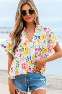 Hot Dear-Lover Floral Boxy Fit Ruffled Short Sleeve V Neck Blouse Yellow