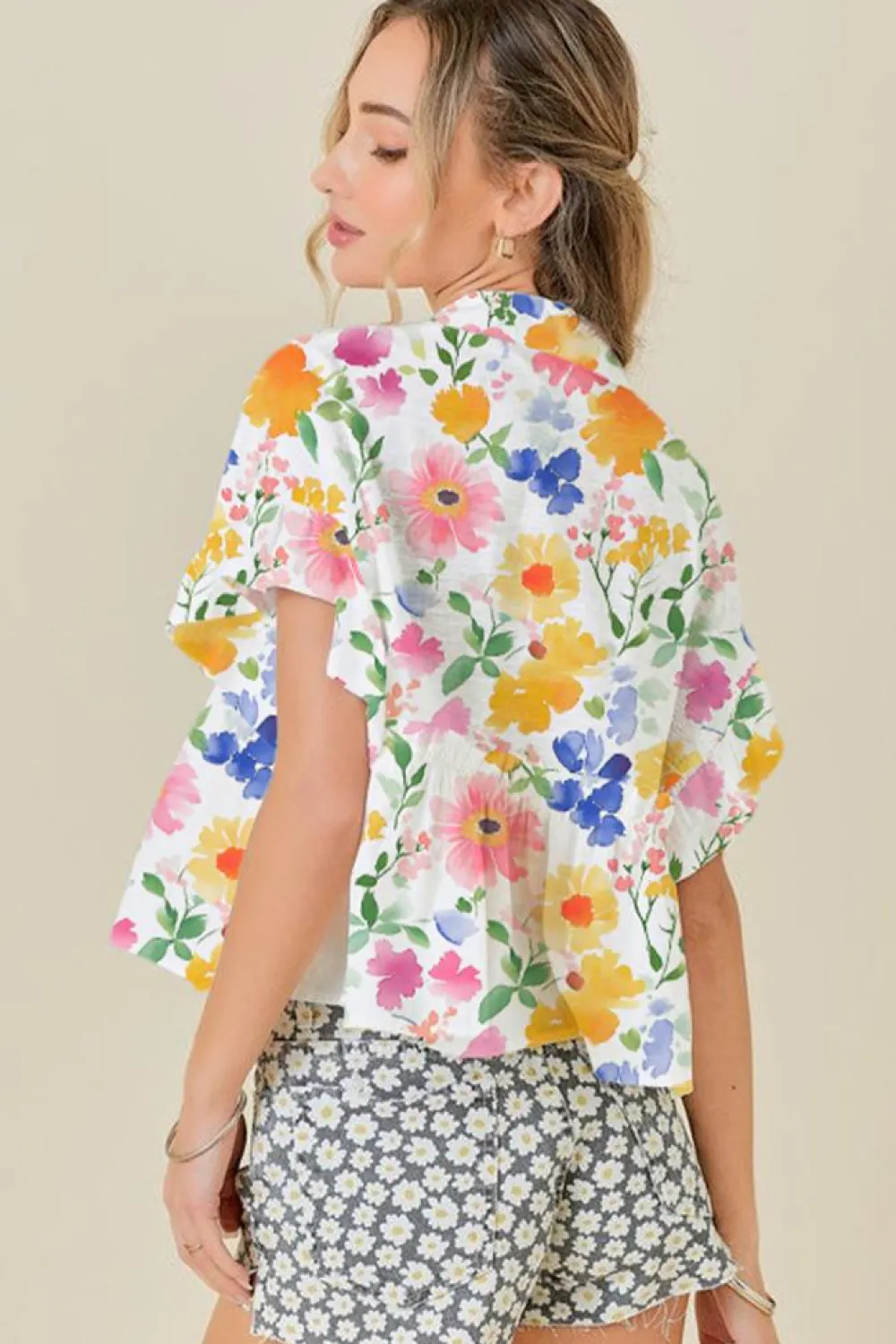 Hot Dear-Lover Floral Boxy Fit Ruffled Short Sleeve V Neck Blouse Yellow
