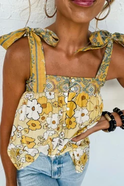 Hot Dear-Lover Floral Patchwork Tied Straps Buttoned Tank Top Yellow