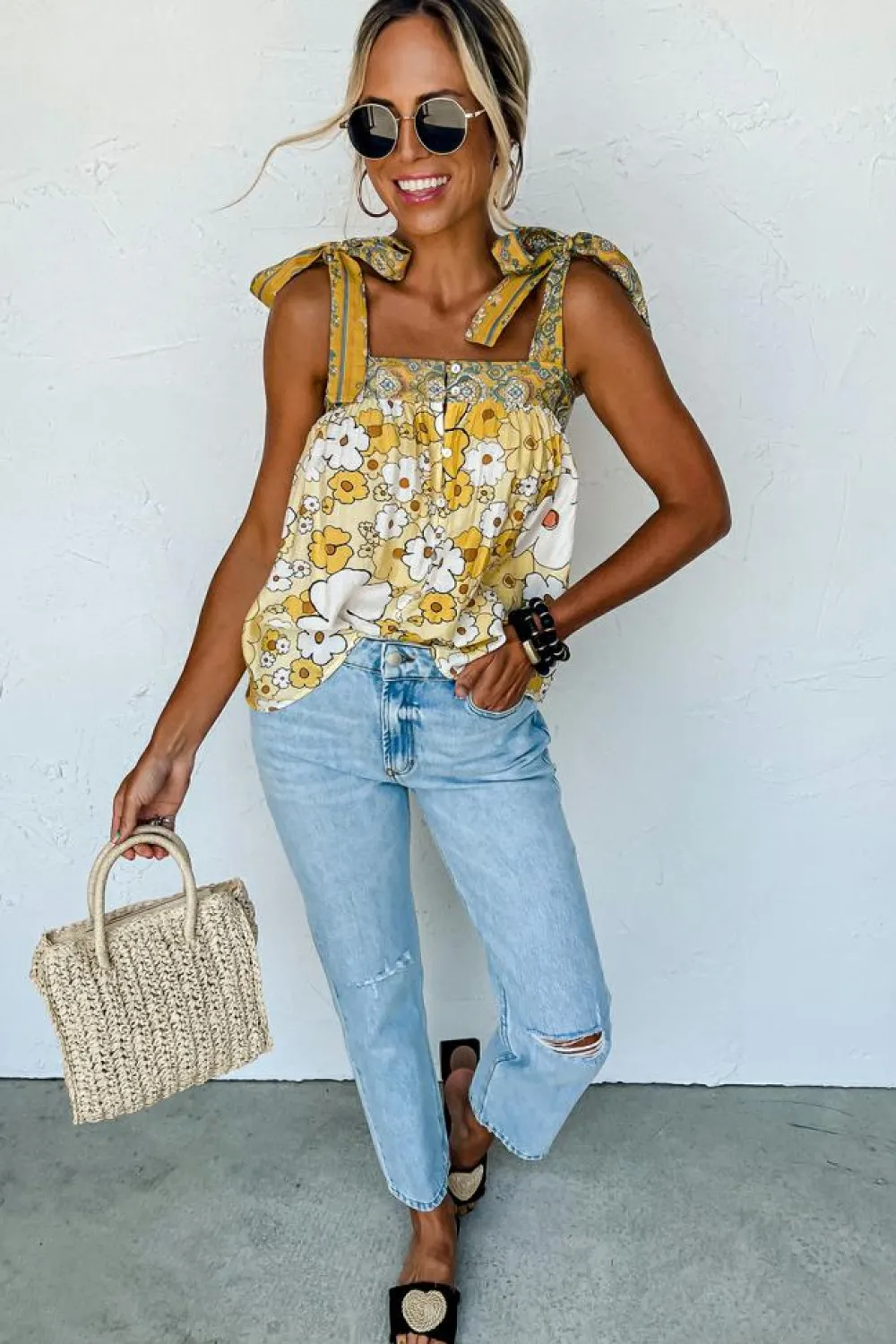 Hot Dear-Lover Floral Patchwork Tied Straps Buttoned Tank Top Yellow