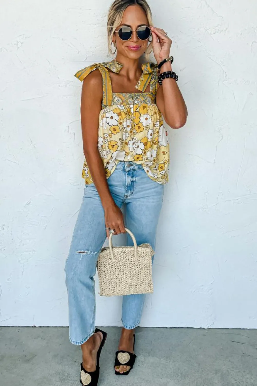 Hot Dear-Lover Floral Patchwork Tied Straps Buttoned Tank Top Yellow