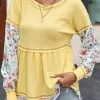 Clearance Dear-Lover Floral Patchwork Waffle Knit Babydoll Blouse Yellow