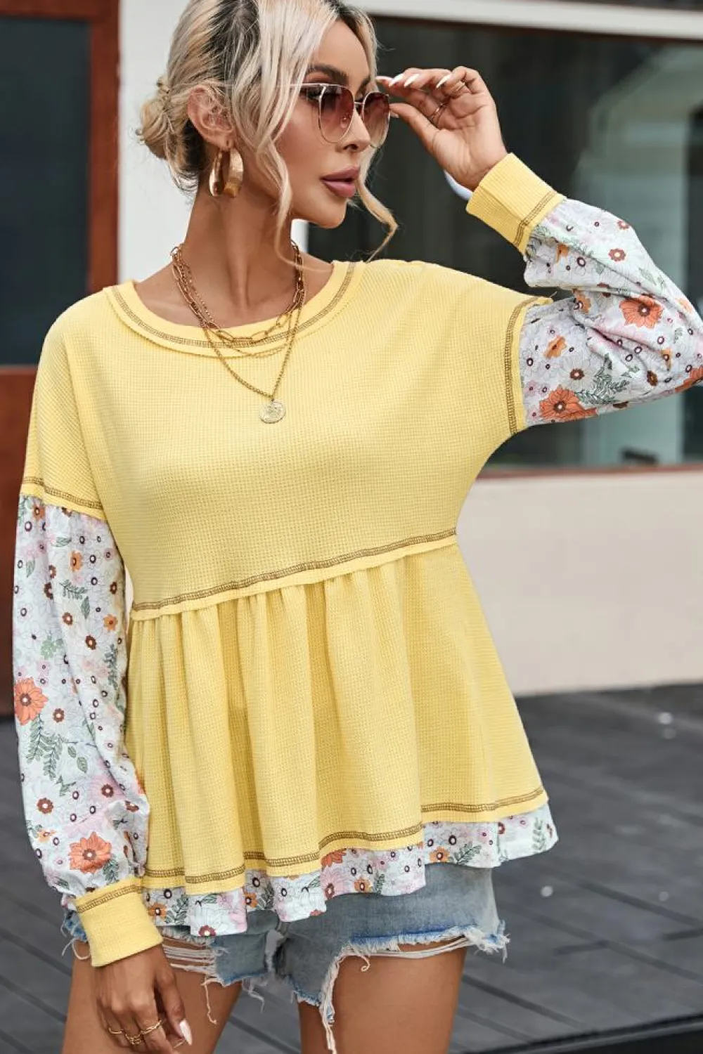 Clearance Dear-Lover Floral Patchwork Waffle Knit Babydoll Blouse Yellow