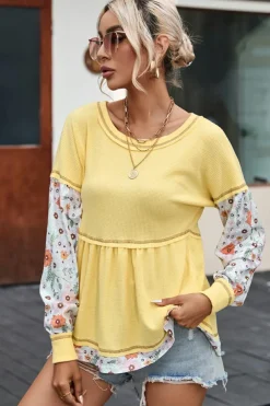 Clearance Dear-Lover Floral Patchwork Waffle Knit Babydoll Blouse Yellow