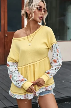 Clearance Dear-Lover Floral Patchwork Waffle Knit Babydoll Blouse Yellow
