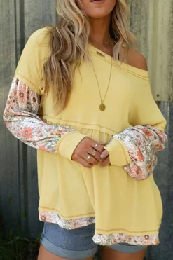 Clearance Dear-Lover Floral Patchwork Waffle Knit Babydoll Blouse Yellow