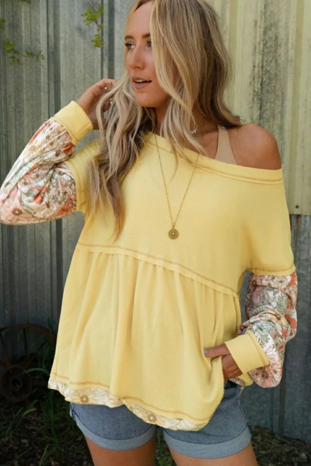 Clearance Dear-Lover Floral Patchwork Waffle Knit Babydoll Blouse Yellow
