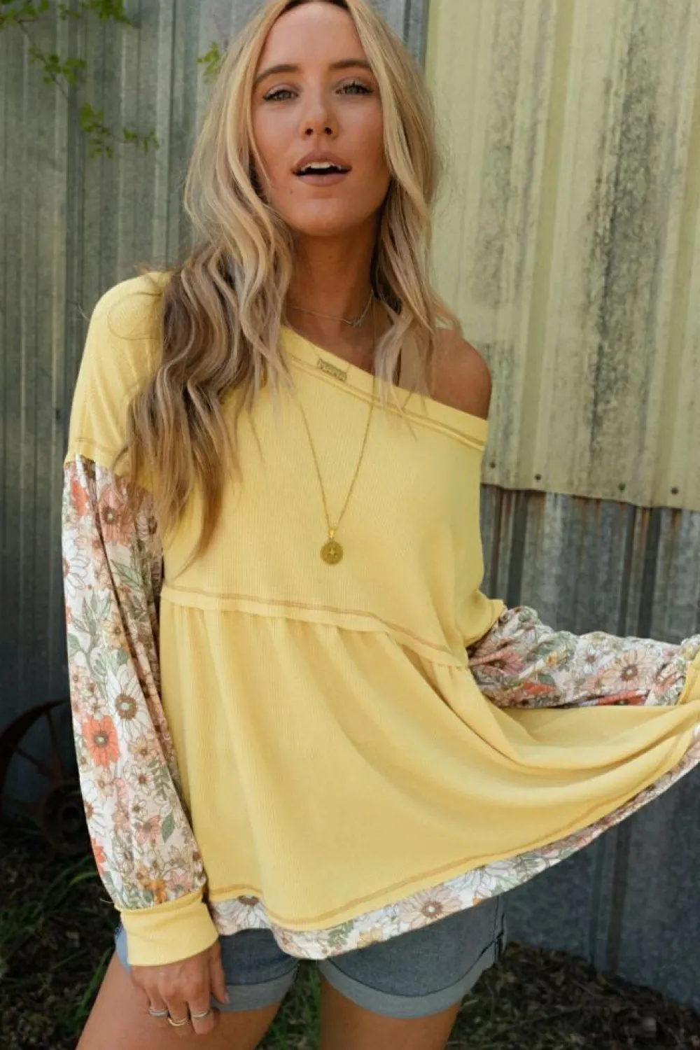 Clearance Dear-Lover Floral Patchwork Waffle Knit Babydoll Blouse Yellow