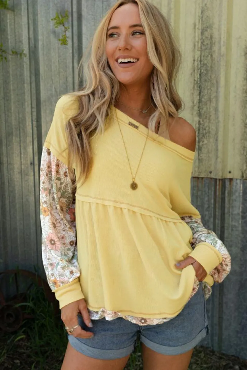 Clearance Dear-Lover Floral Patchwork Waffle Knit Babydoll Blouse Yellow