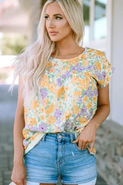 New Dear-Lover Floral Print Keyhole Back Short Sleeve Babydoll Blouse Yellow