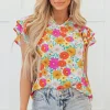 Fashion Dear-Lover Floral Print Shirred Tiered Ruffled Sleeve Blouse Yellow