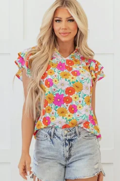 Fashion Dear-Lover Floral Print Shirred Tiered Ruffled Sleeve Blouse Yellow