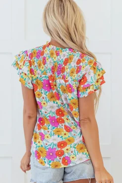 Fashion Dear-Lover Floral Print Shirred Tiered Ruffled Sleeve Blouse Yellow