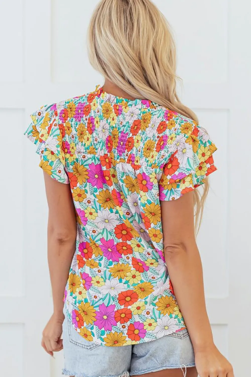 Fashion Dear-Lover Floral Print Shirred Tiered Ruffled Sleeve Blouse Yellow