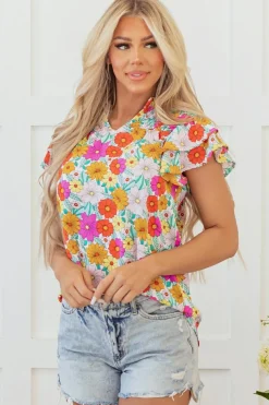 Fashion Dear-Lover Floral Print Shirred Tiered Ruffled Sleeve Blouse Yellow
