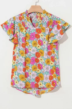 Fashion Dear-Lover Floral Print Shirred Tiered Ruffled Sleeve Blouse Yellow