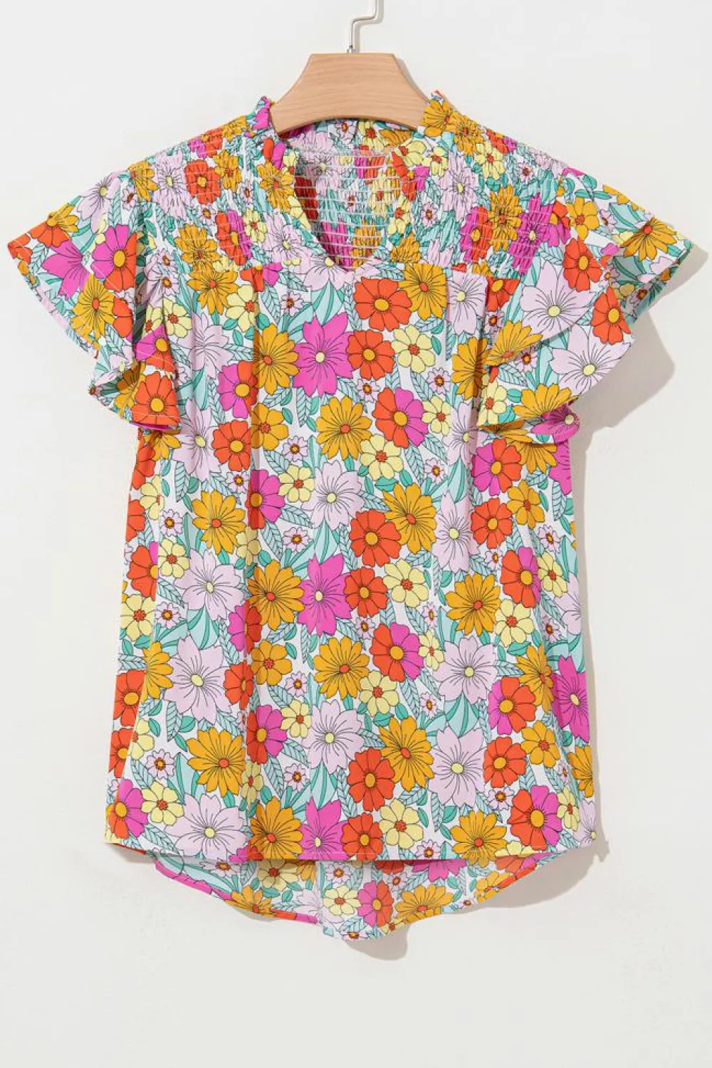 Fashion Dear-Lover Floral Print Shirred Tiered Ruffled Sleeve Blouse Yellow