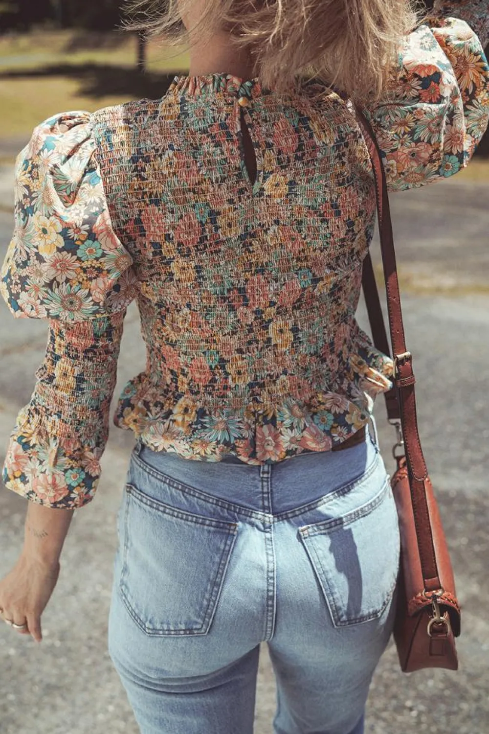 Hot Dear-Lover Floral Print Smocked Bubble Sleeve Ruffled Crop Top Yellow