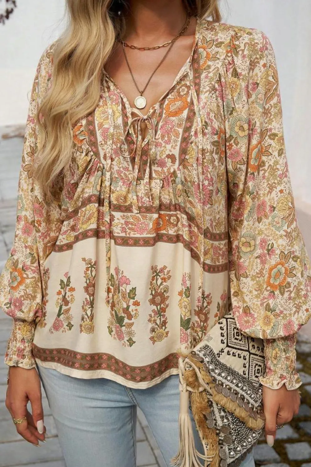 Sale Dear-Lover Floral Print Tie Neck Lantern Sleeve Blouse Yellow