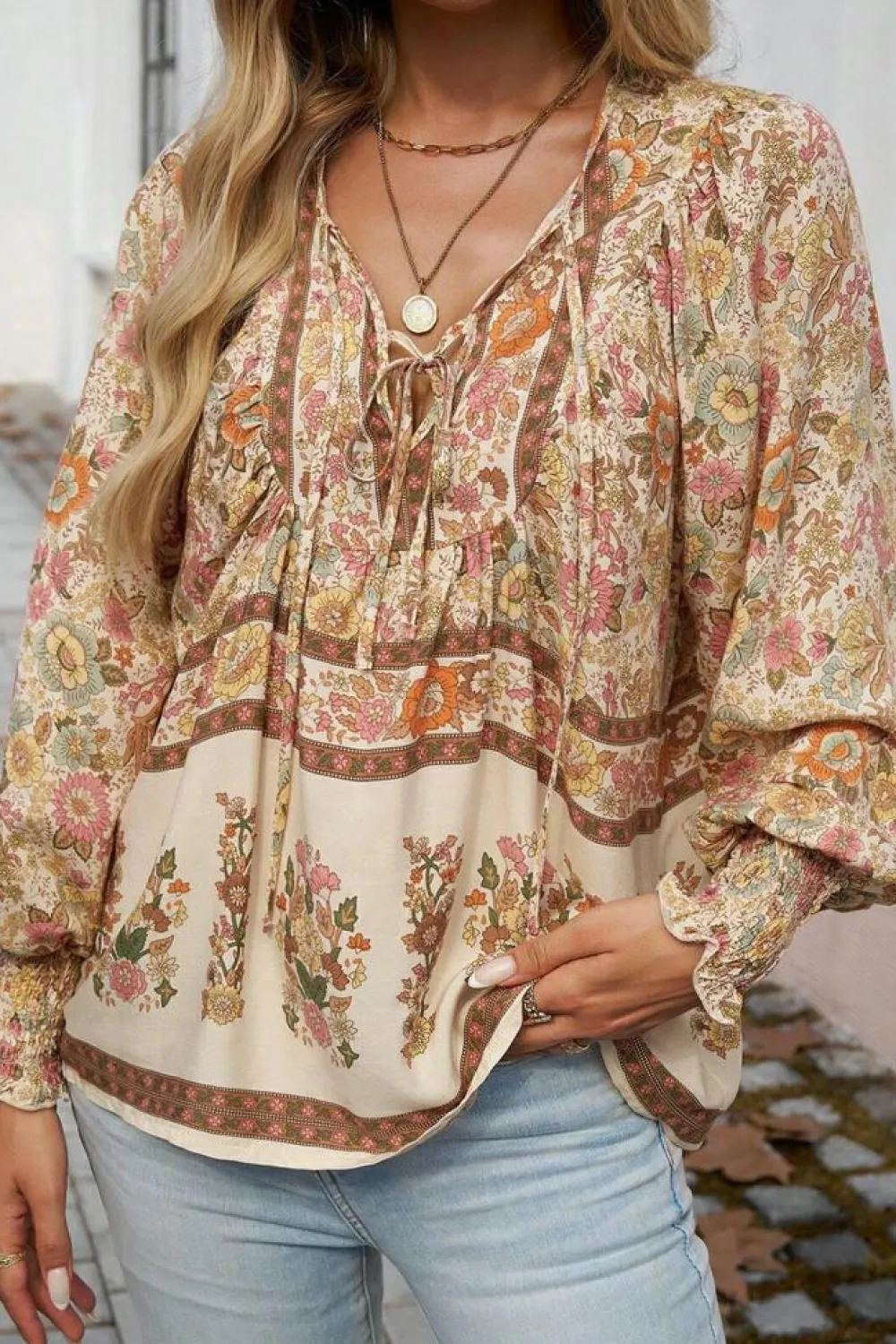 Sale Dear-Lover Floral Print Tie Neck Lantern Sleeve Blouse Yellow