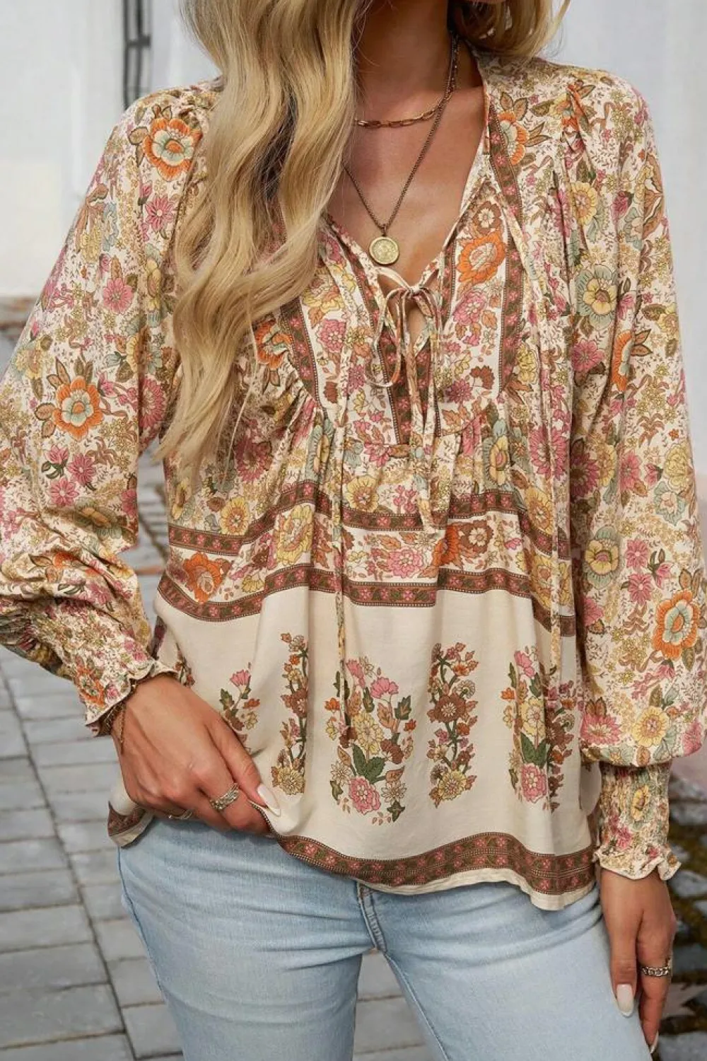 Sale Dear-Lover Floral Print Tie Neck Lantern Sleeve Blouse Yellow