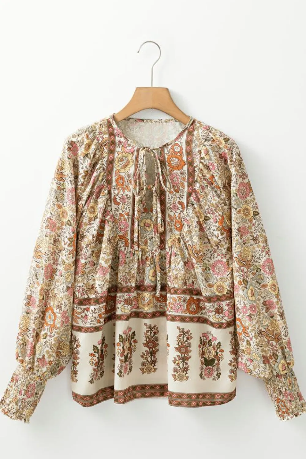 Sale Dear-Lover Floral Print Tie Neck Lantern Sleeve Blouse Yellow