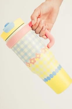 Sale Dear-Lover Flower Plaid Print Handle Insulated Large Portable Cup 33oz Yellow