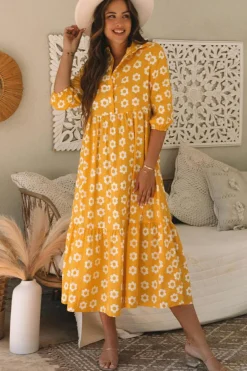 Online Dear-Lover Flower Print Bracelet Sleeve Buttons Collared Maxi Dress Yellow