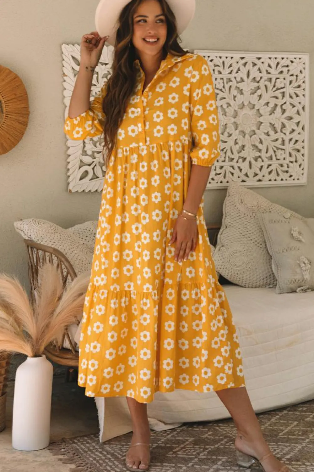 Online Dear-Lover Flower Print Bracelet Sleeve Buttons Collared Maxi Dress Yellow