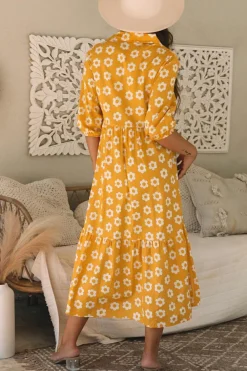 Online Dear-Lover Flower Print Bracelet Sleeve Buttons Collared Maxi Dress Yellow