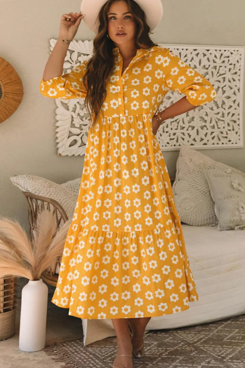 Online Dear-Lover Flower Print Bracelet Sleeve Buttons Collared Maxi Dress Yellow