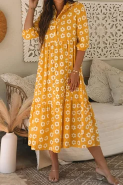 Online Dear-Lover Flower Print Bracelet Sleeve Buttons Collared Maxi Dress Yellow