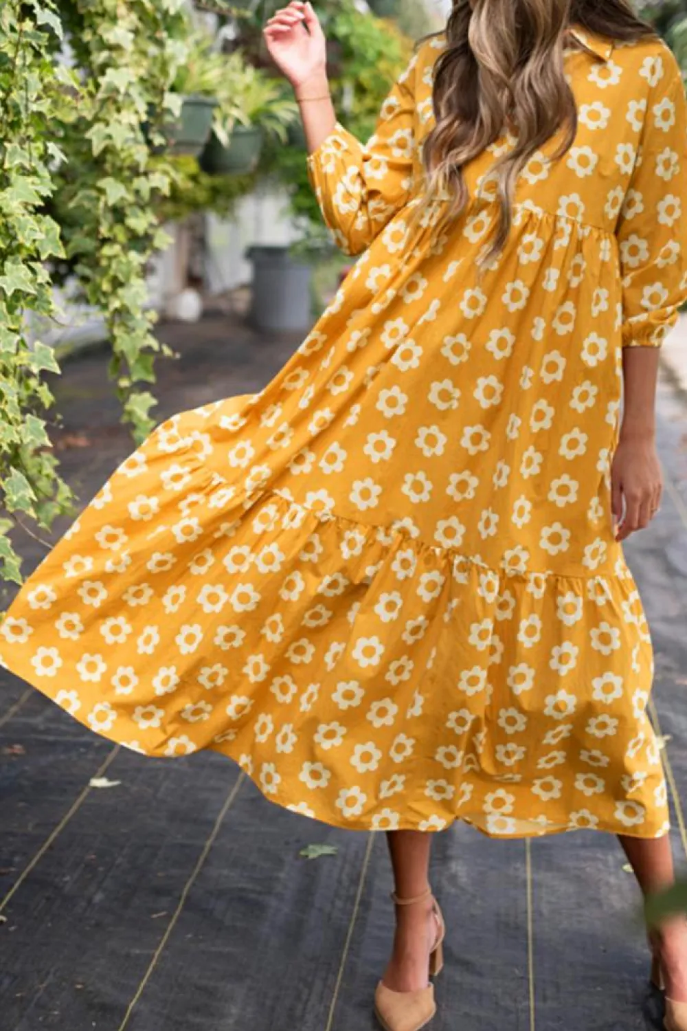 Online Dear-Lover Flower Print Bracelet Sleeve Buttons Collared Maxi Dress Yellow