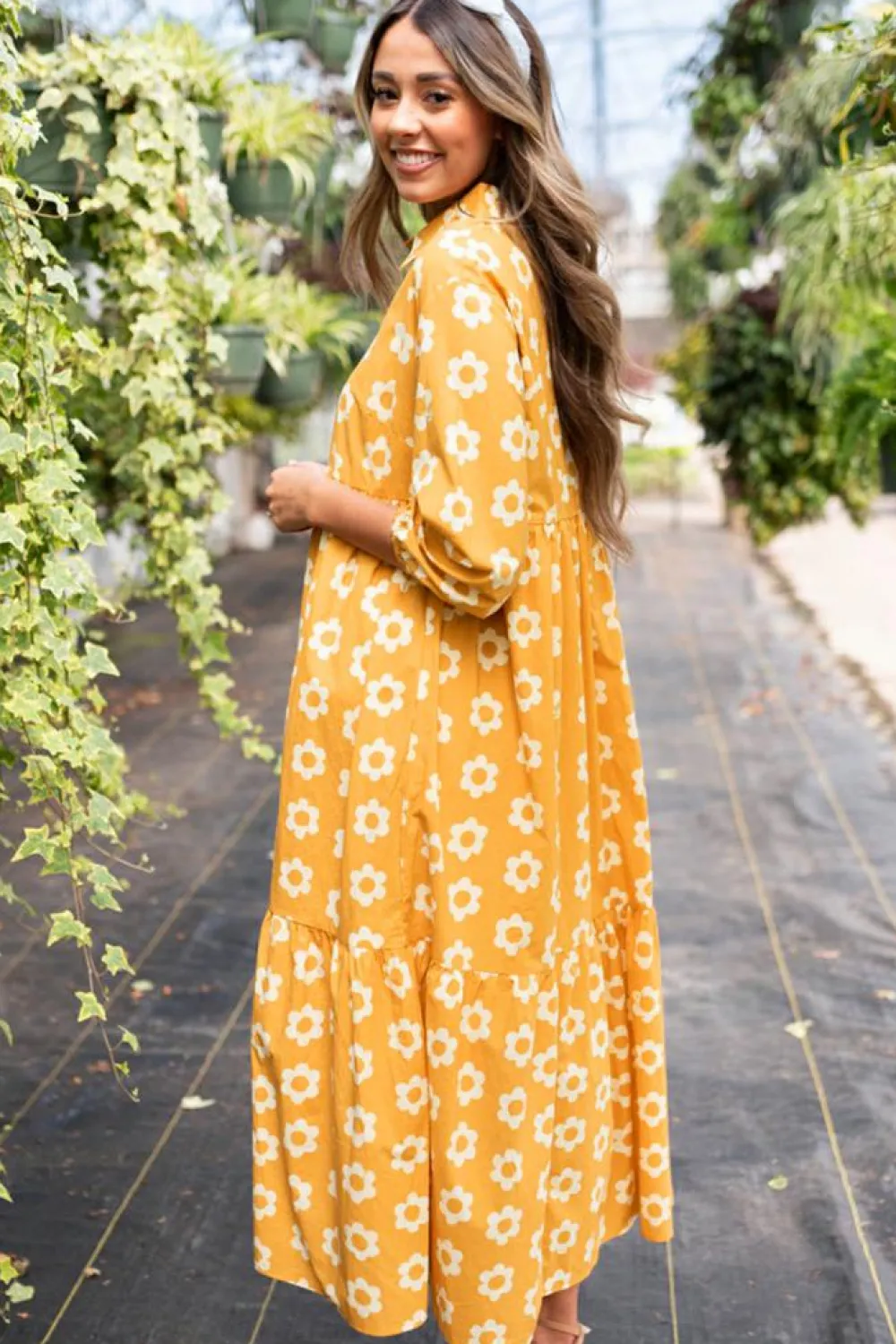 Online Dear-Lover Flower Print Bracelet Sleeve Buttons Collared Maxi Dress Yellow