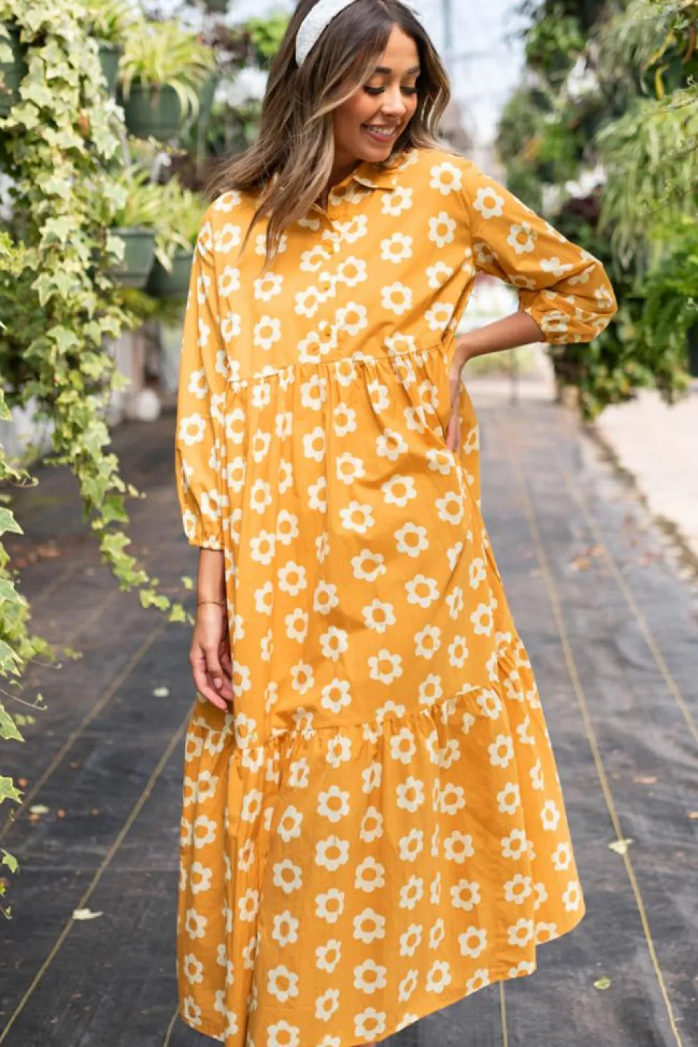 Online Dear-Lover Flower Print Bracelet Sleeve Buttons Collared Maxi Dress Yellow