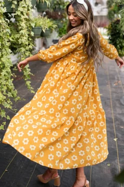 Online Dear-Lover Flower Print Bracelet Sleeve Buttons Collared Maxi Dress Yellow