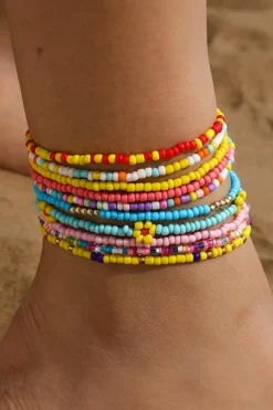 Fashion Dear-Lover Flower Random Color Multi Layered Beaded Anklet Set Yellow
