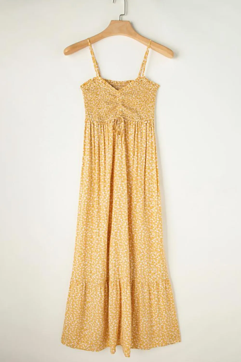 Hot Dear-Lover Frilly Smocked High Waist Floral Maxi Dress Yellow