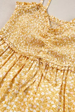 Hot Dear-Lover Frilly Smocked High Waist Floral Maxi Dress Yellow