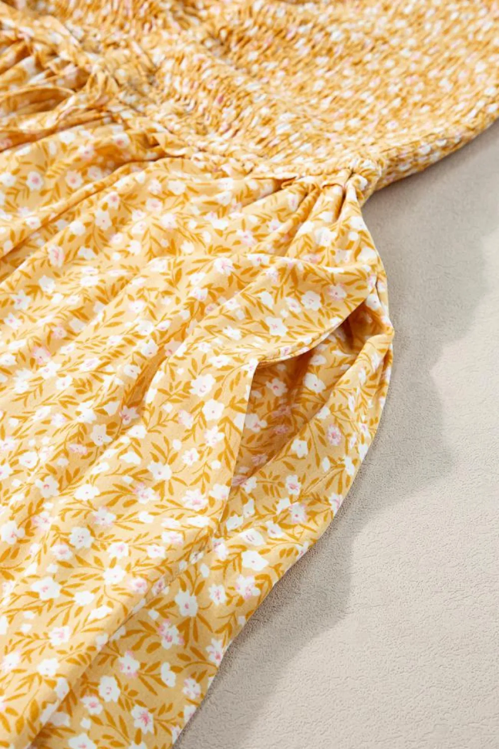 Hot Dear-Lover Frilly Smocked High Waist Floral Maxi Dress Yellow