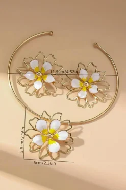Hot Dear-Lover Hollow Out Flower Shape Plated Earrings and Choker Set Yellow