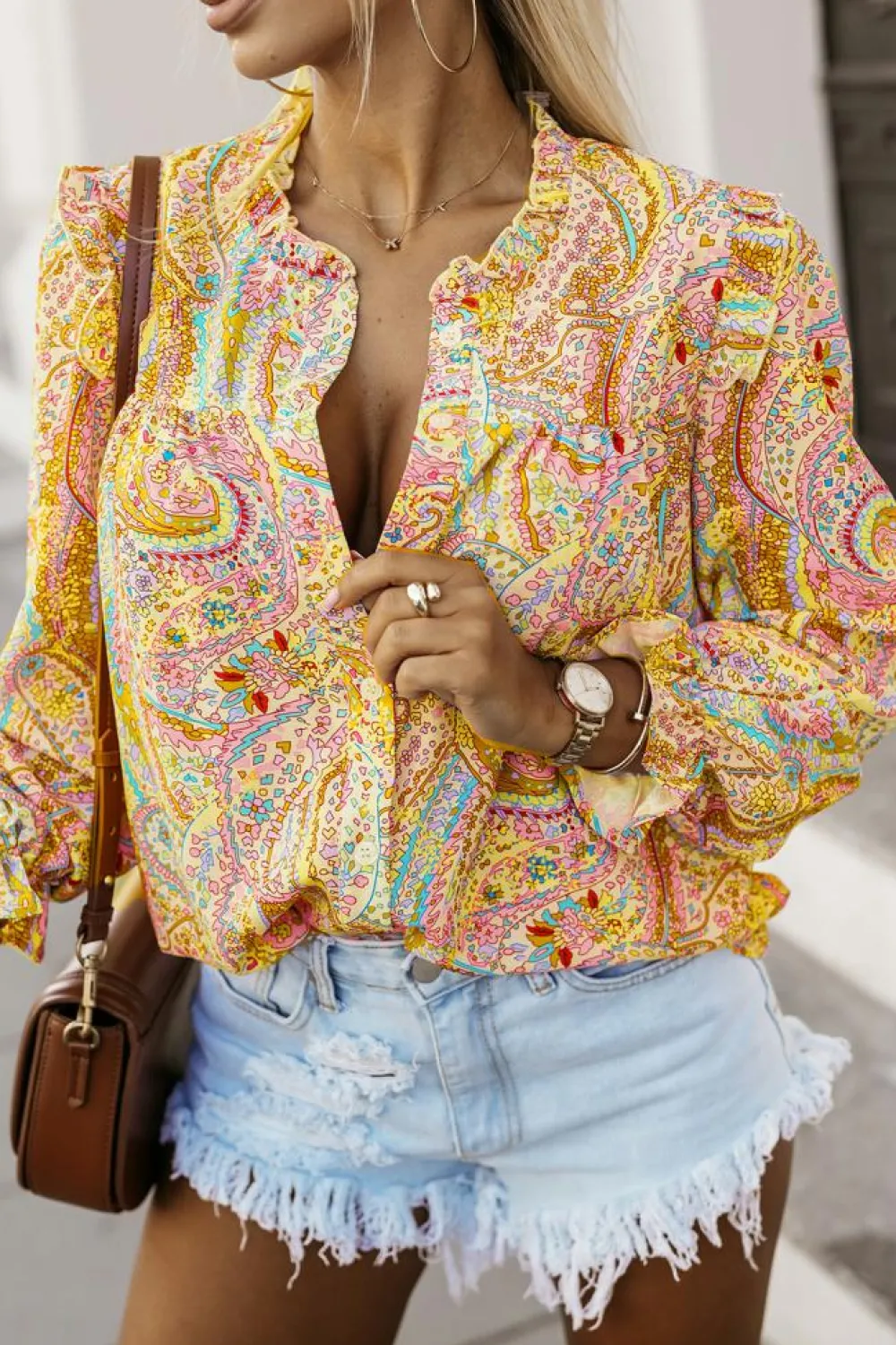 Discount Dear-Lover Paisley Print Ruffled Trim Boho Shirt Yellow