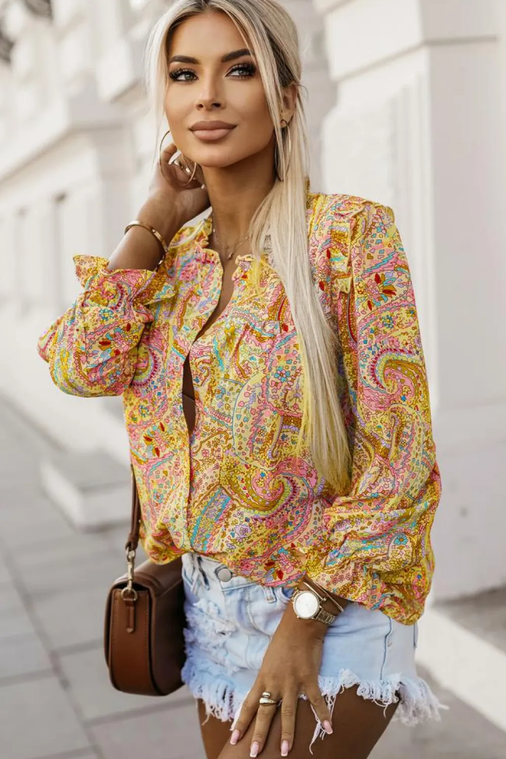 Discount Dear-Lover Paisley Print Ruffled Trim Boho Shirt Yellow
